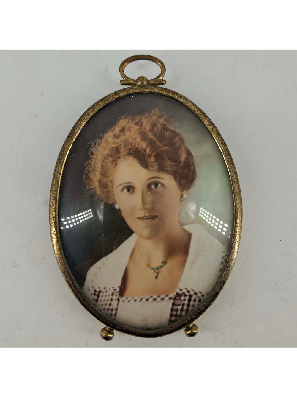 Vintage Victorian portrait of lady in Brass Frame w Convex Glass